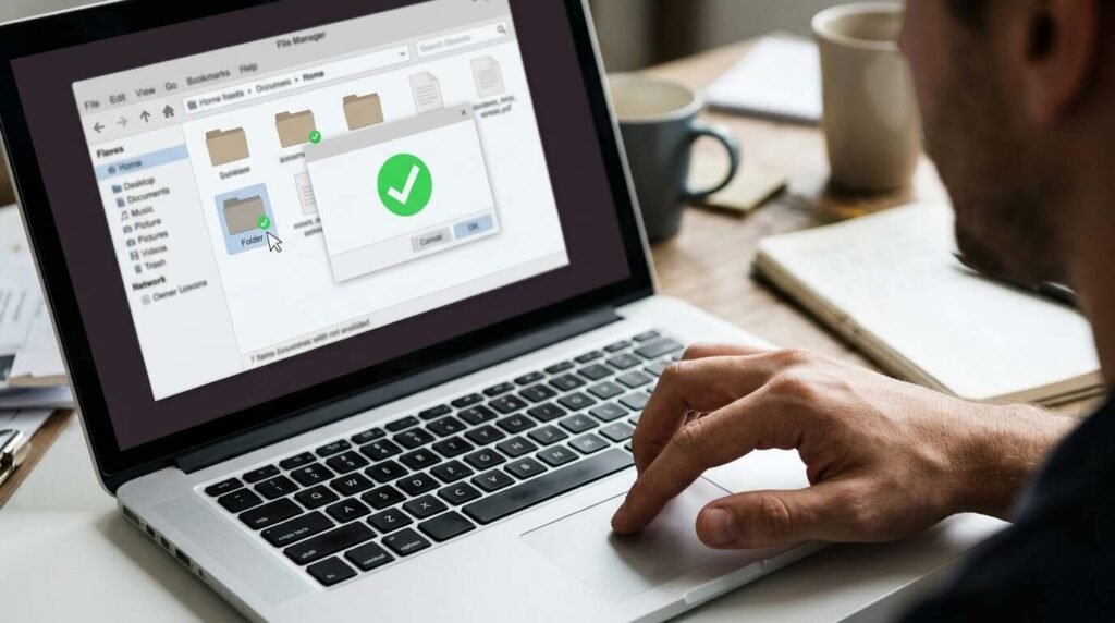 Hand opening a restored file folder with a green checkmark