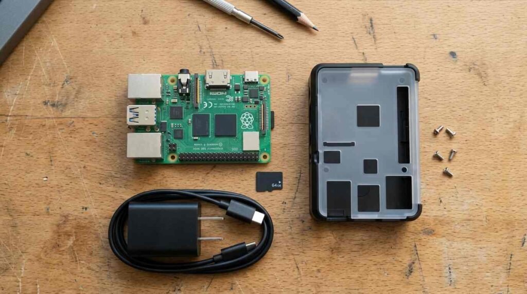 Flat lay of a single-board computer, power adapter, memory card and case