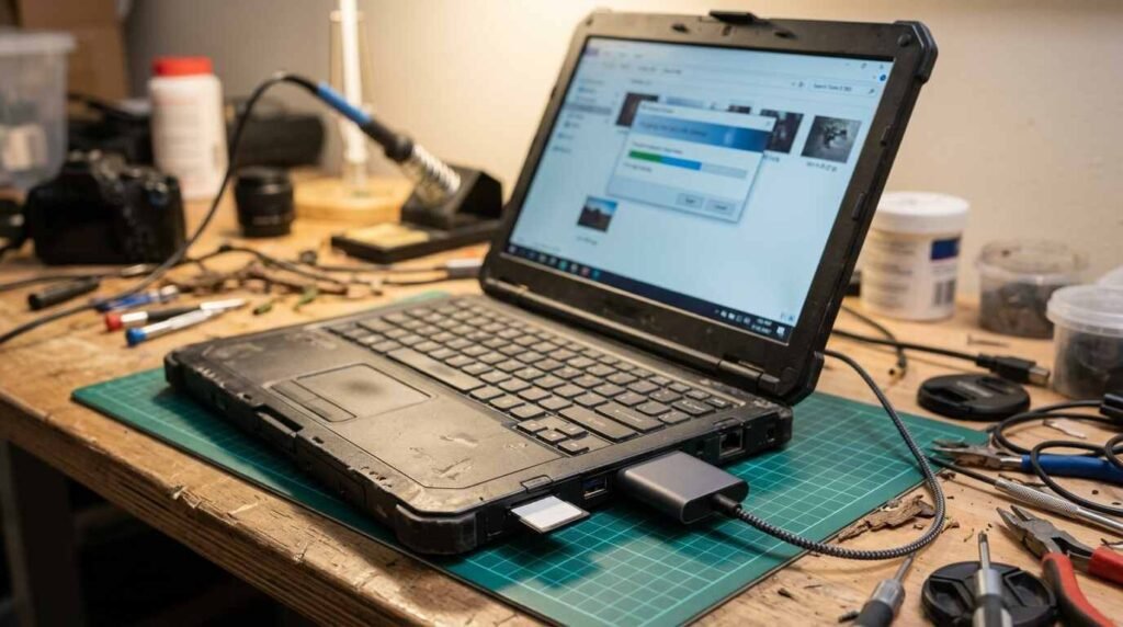 Laptop with a memory card reader writing an operating system image