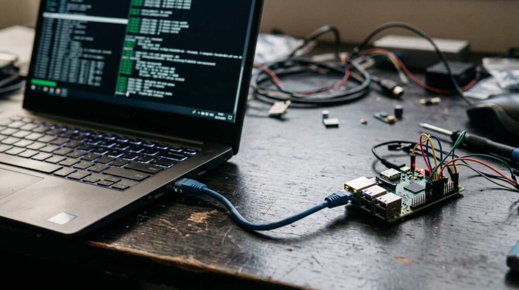 Terminal on a laptop beside a small board connected by a network cable