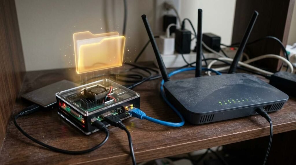 Small board server beside a home router with a folder icon
