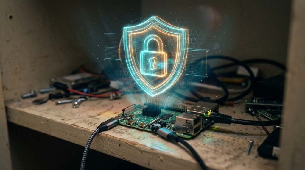 Single-board computer on a shelf with a padlock and firewall shield