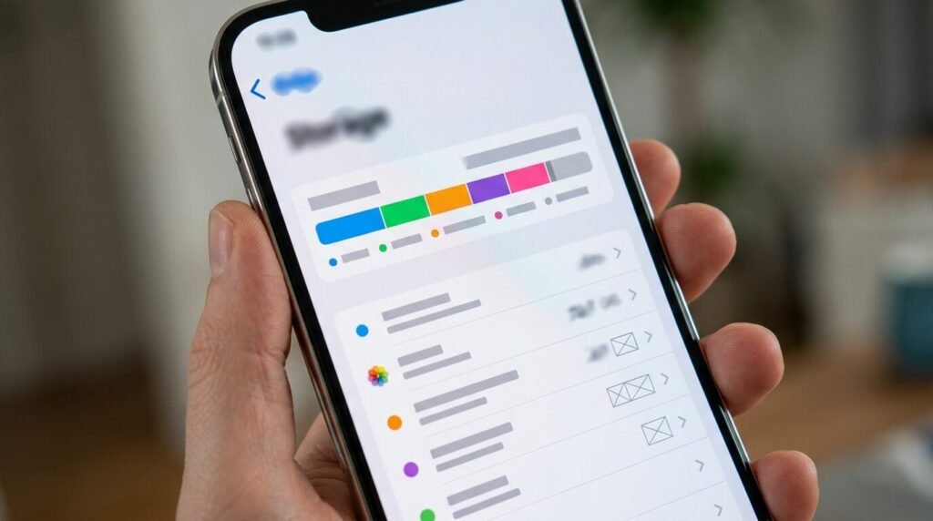 Phone screen with a colorful storage bar split into categories