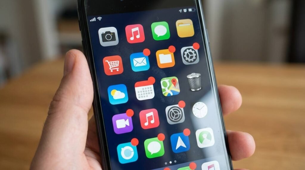 Phone home screen with many app icons beside a trash bin