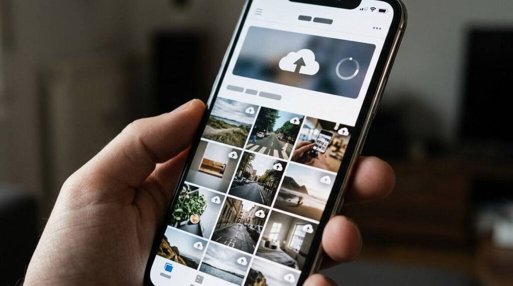 Phone with photo thumbnails and a cloud upload icon