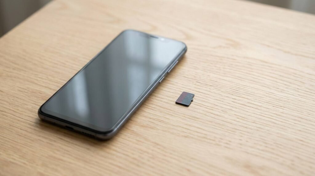 Smartphone beside a small memory card