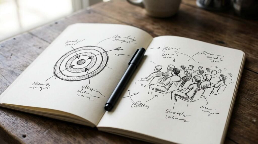 Notebook with a target and audience sketch