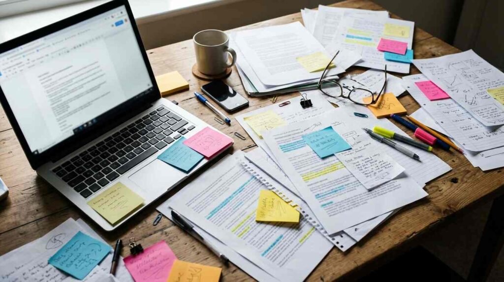 Papers and notes beside a laptop as reference material