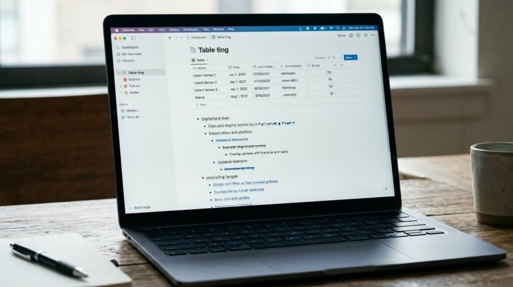Laptop showing a table and bullet-point layout