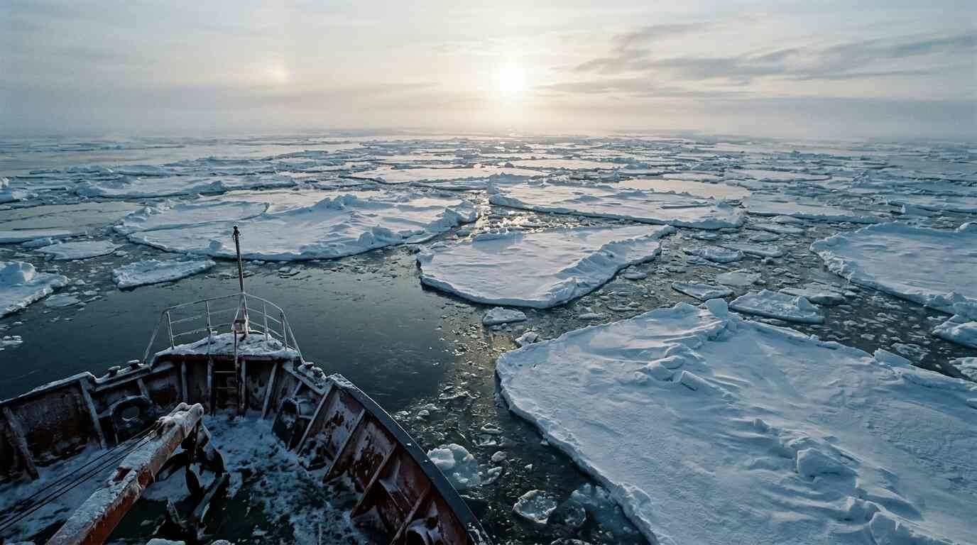 Broken Antarctic pack ice and grey-blue sea at the end of winter