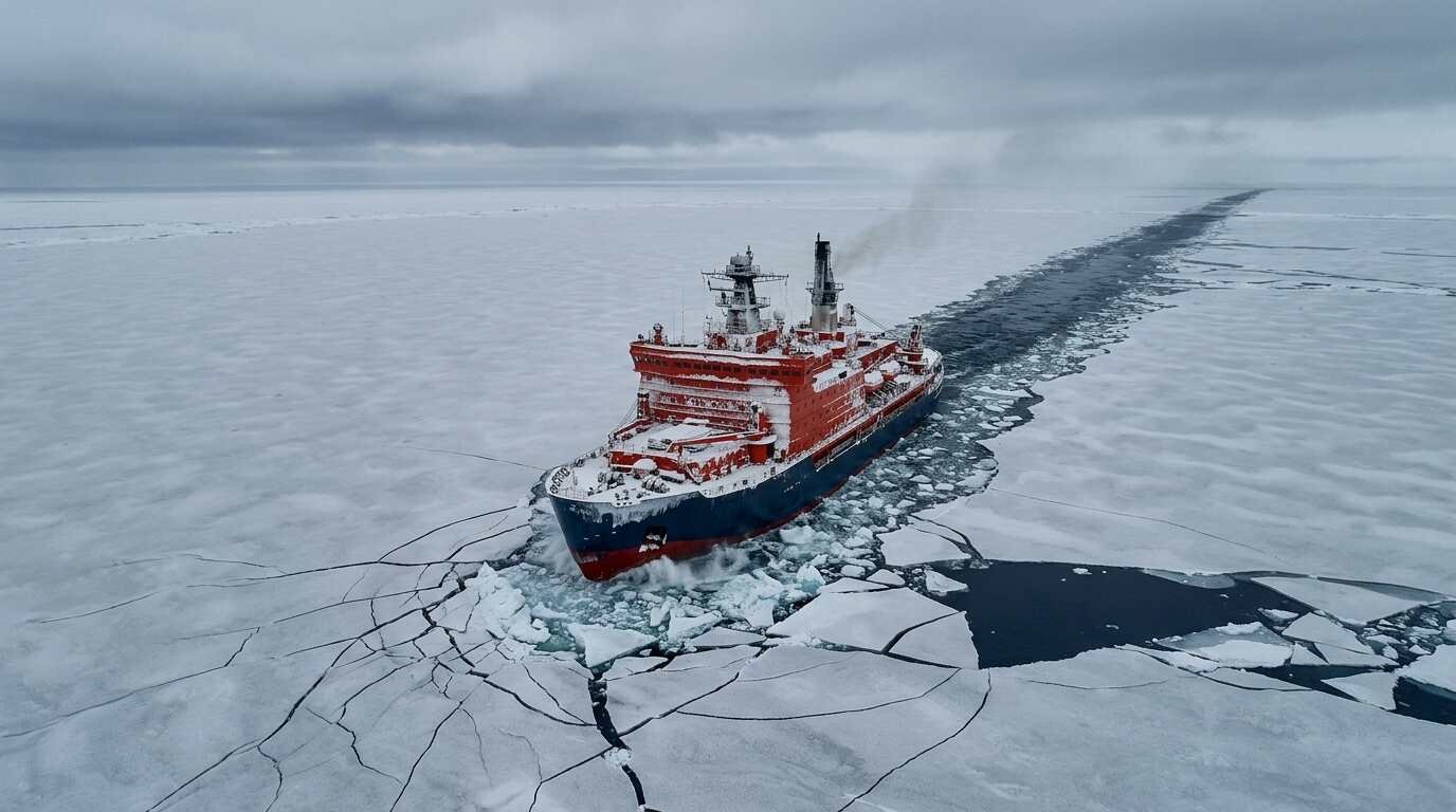 Icebreaker cutting through thin young sea ice in the Southern Ocean