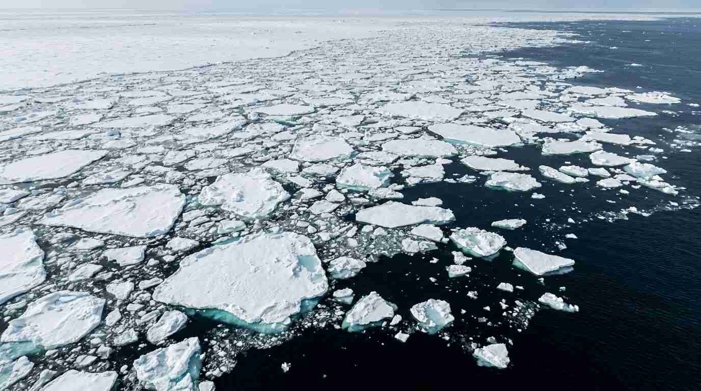 Aerial view of sea ice floes drifting at the Antarctic ice edge