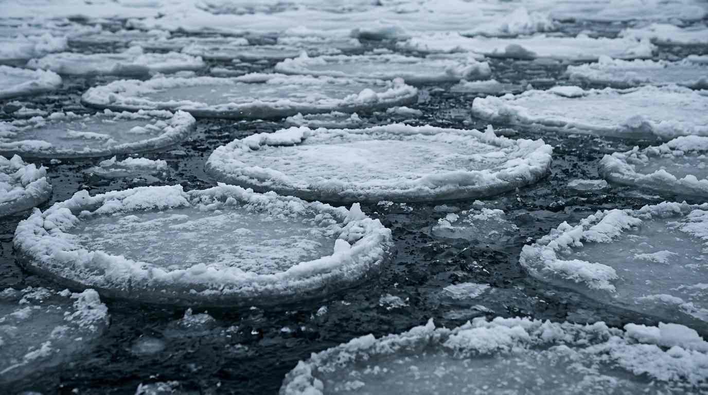 Pancake ice forming on cold Southern Ocean water