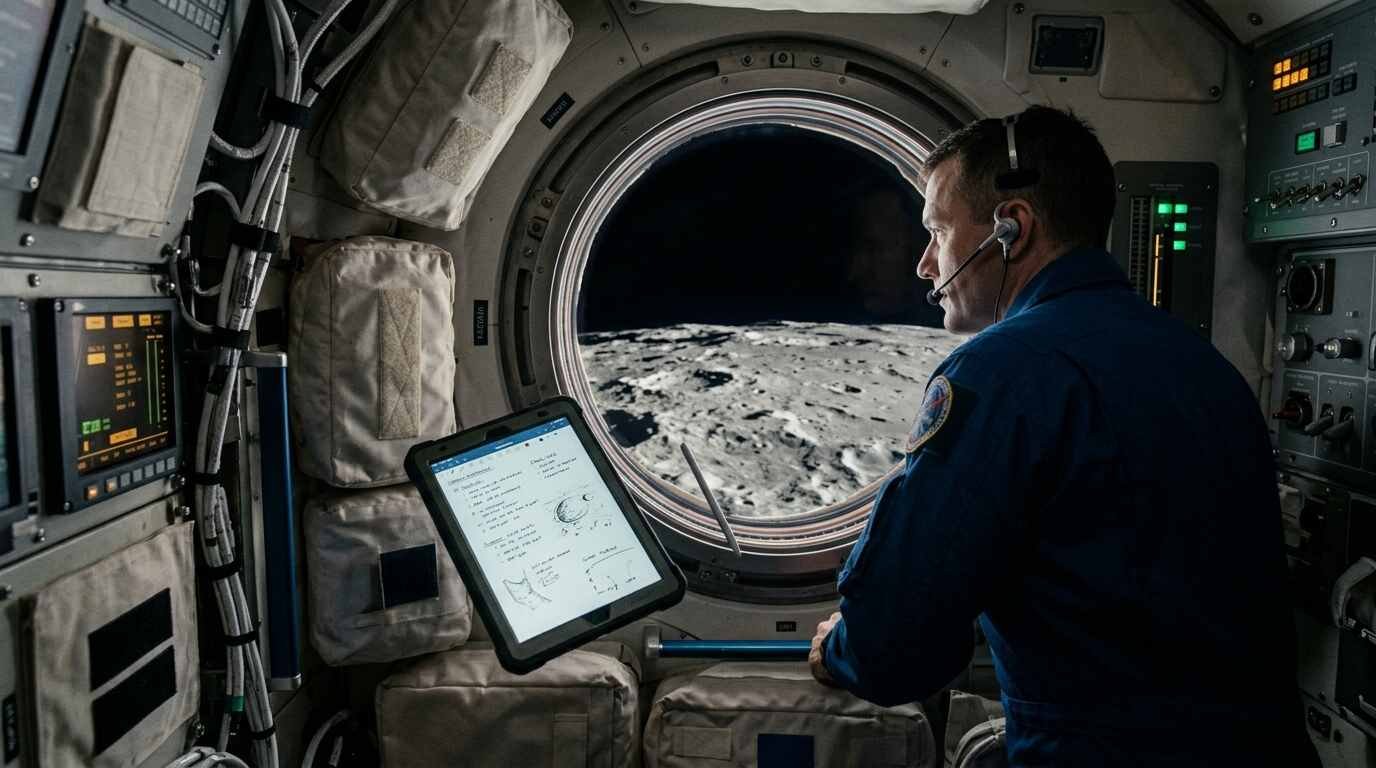 Astronaut looking through a spacecraft window at the cratered Moon