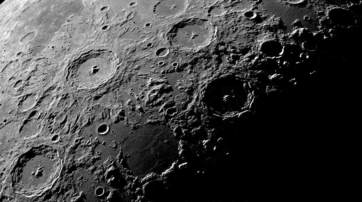 Cratered lunar surface along the terminator with long shadows