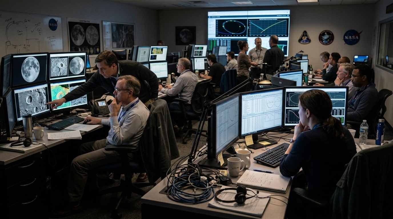 Scientists at monitors showing lunar imagery in an operations room