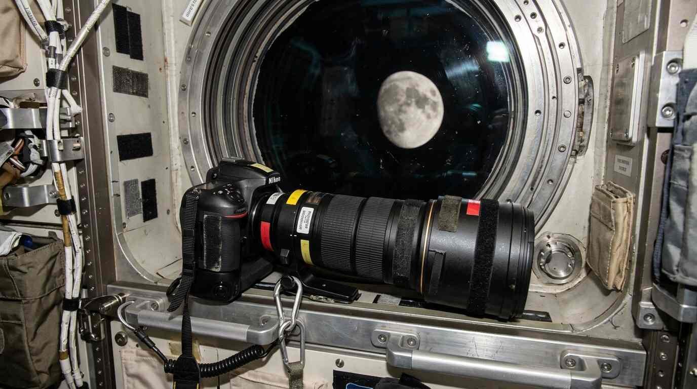 Camera with a telephoto lens resting on a spacecraft window ledge