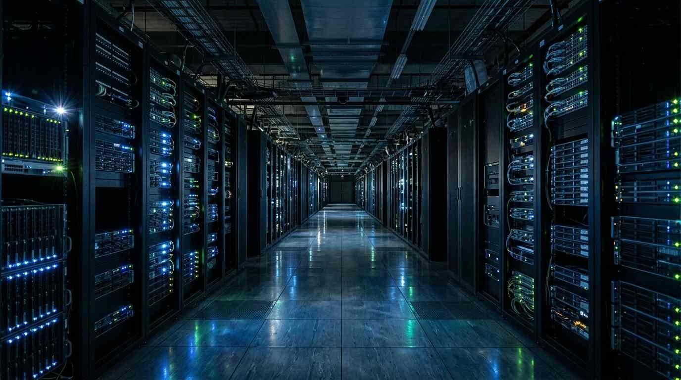 Long aisle of server racks with blue indicator lights in a dim data center