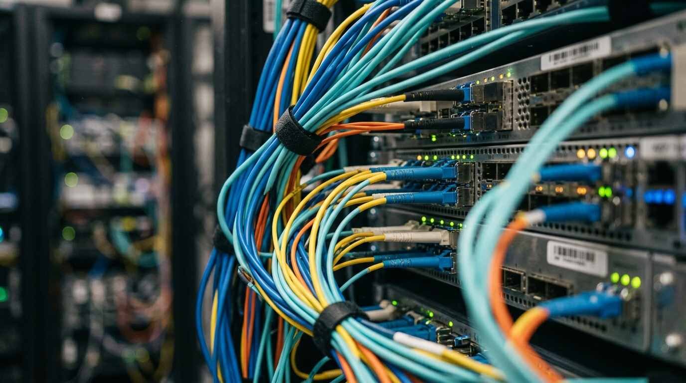 Bundle of fiber optic cables plugged into a network switch in a server room
