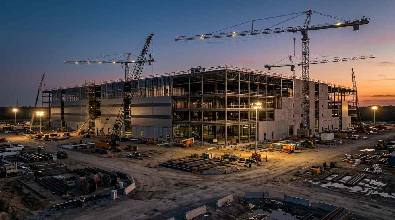 Large data center building under construction with cranes at dusk
