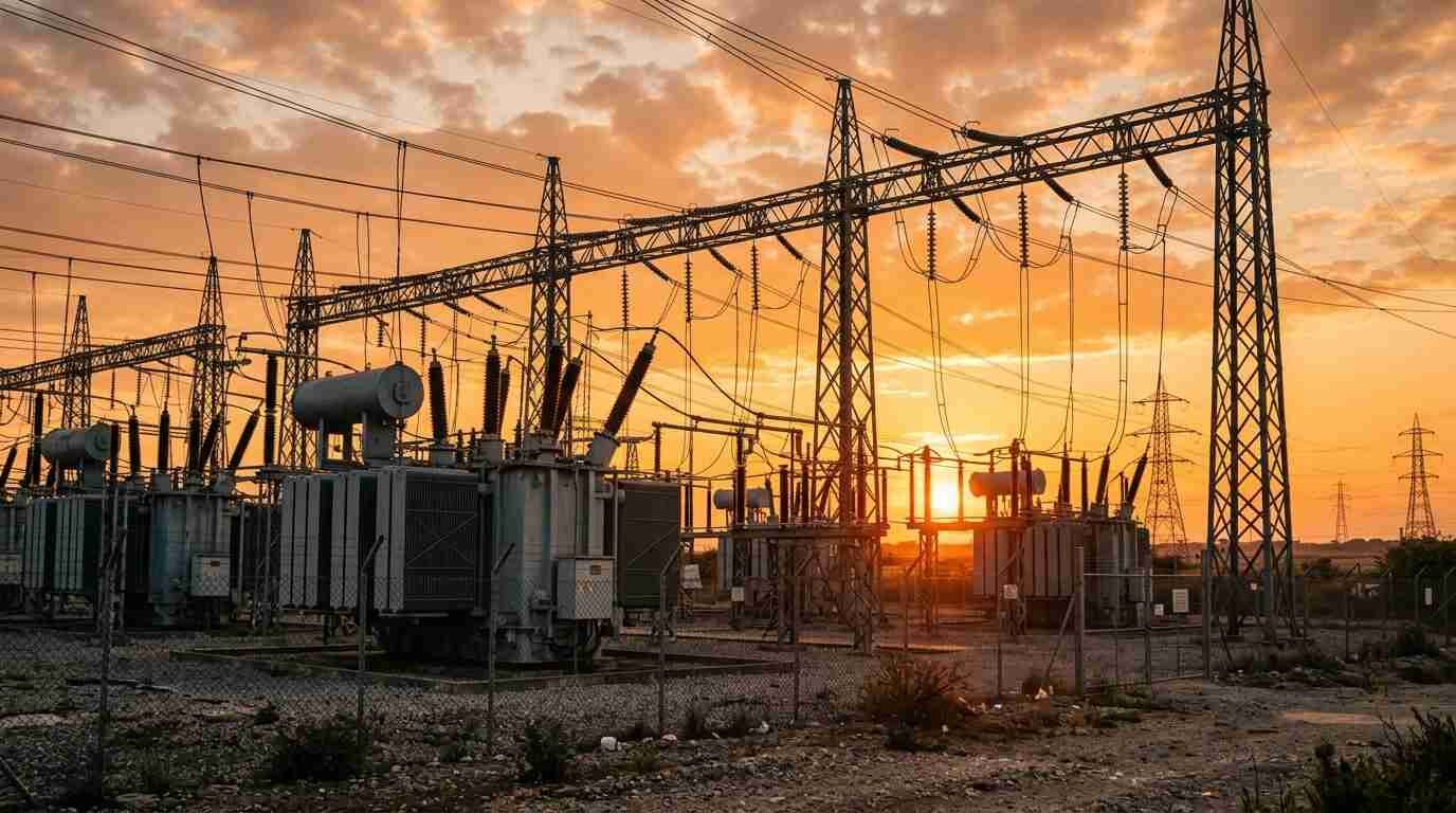 High-voltage transformers at an electrical substation against an orange sunset sky