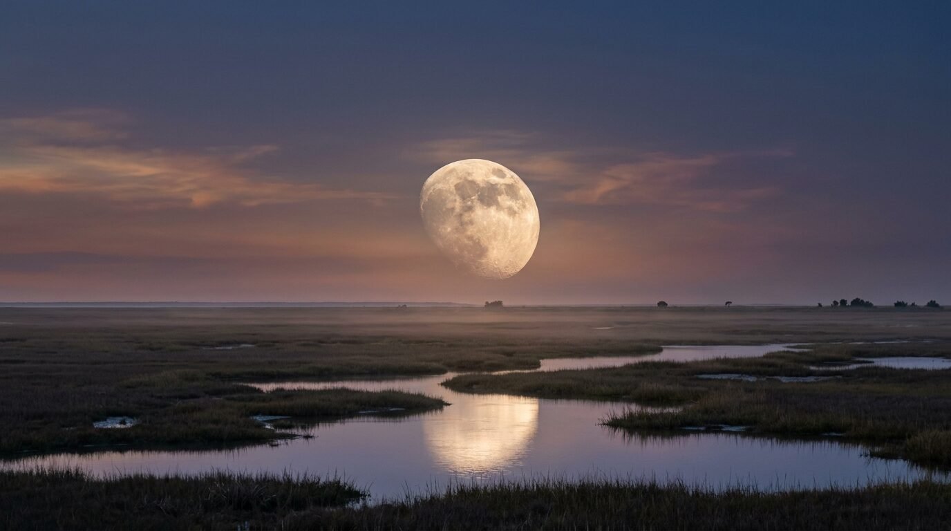 Waxing gibbous Moon over a coastal marsh at dusk