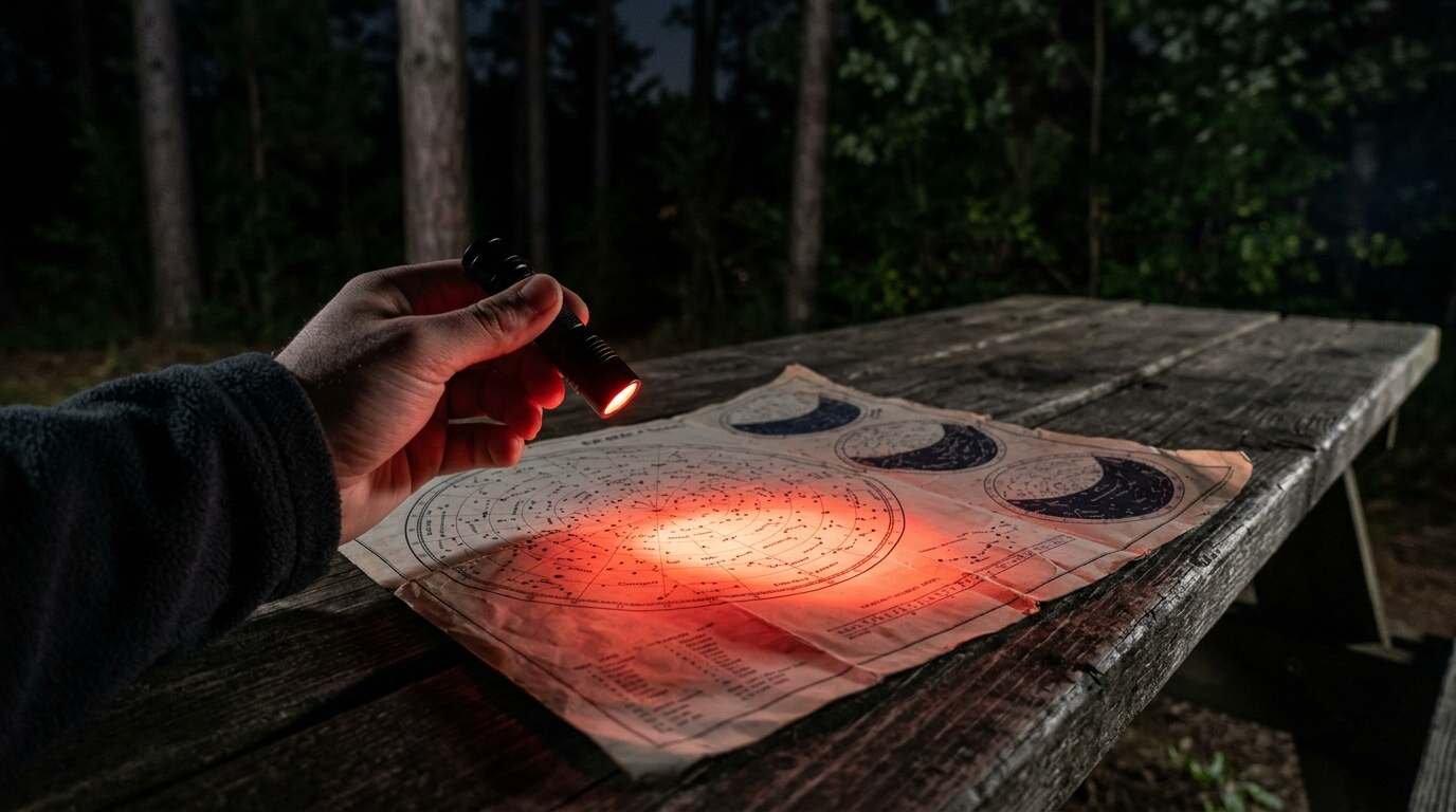 Hand holding a red flashlight over a star chart at night