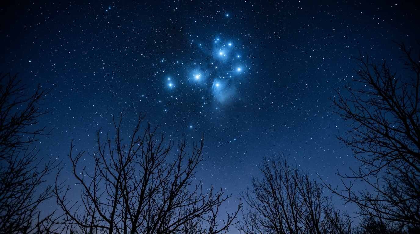Pleiades star cluster above silhouetted tree branches before dawn