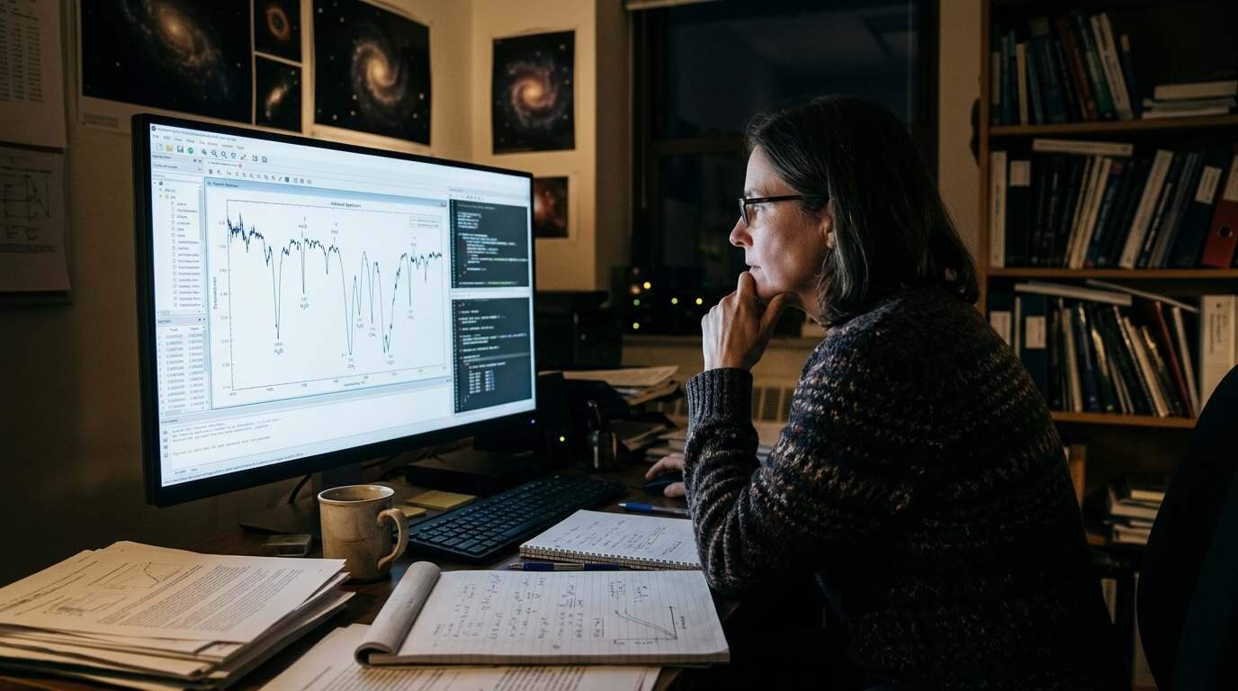 Astronomer studying an infrared spectrum on a monitor in a dim office