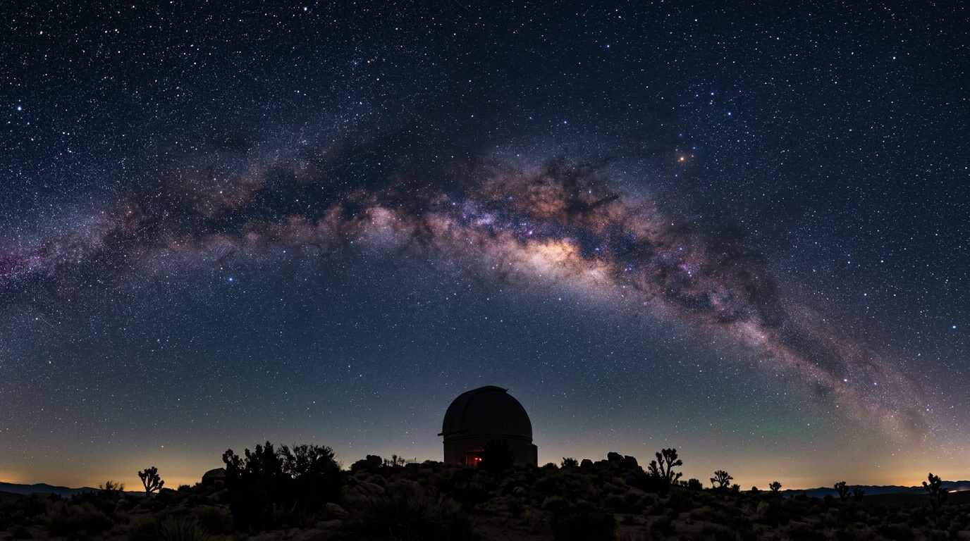 Milky Way arching over a desert observatory dome at night