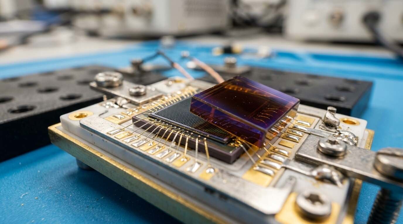 Macro view of an infrared detector array on a laboratory bench