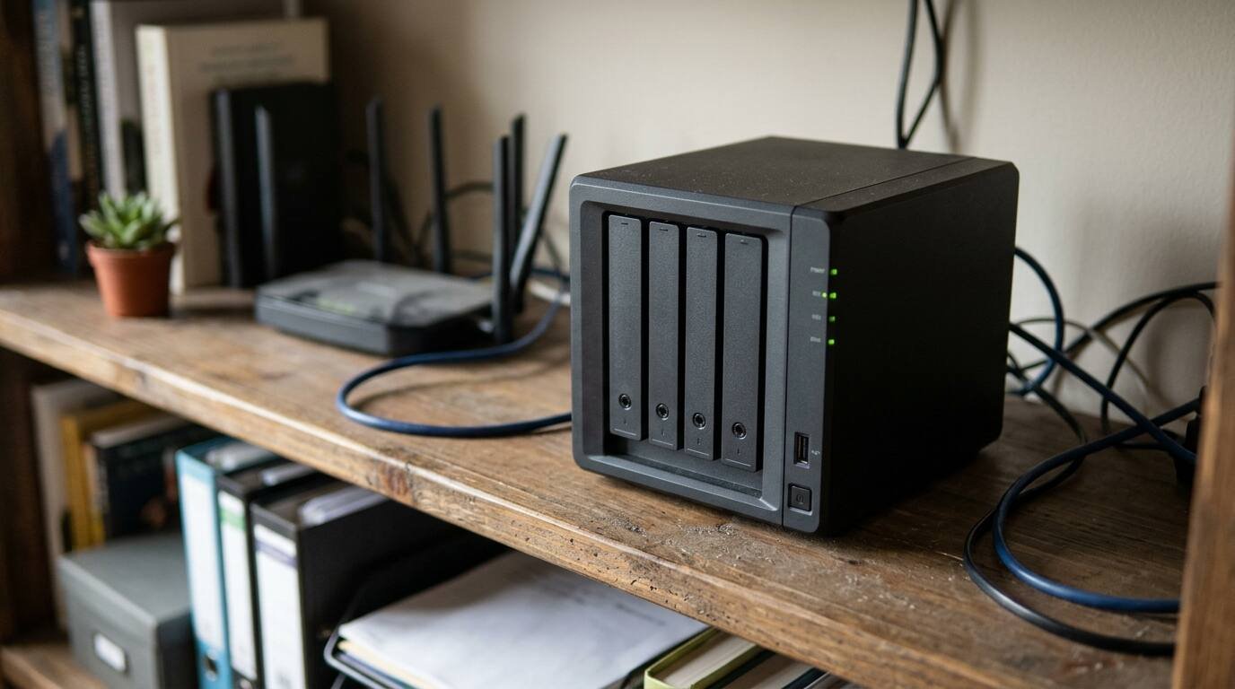 A four-bay home NAS enclosure with green status lights on a shelf, connected by network cable to a router